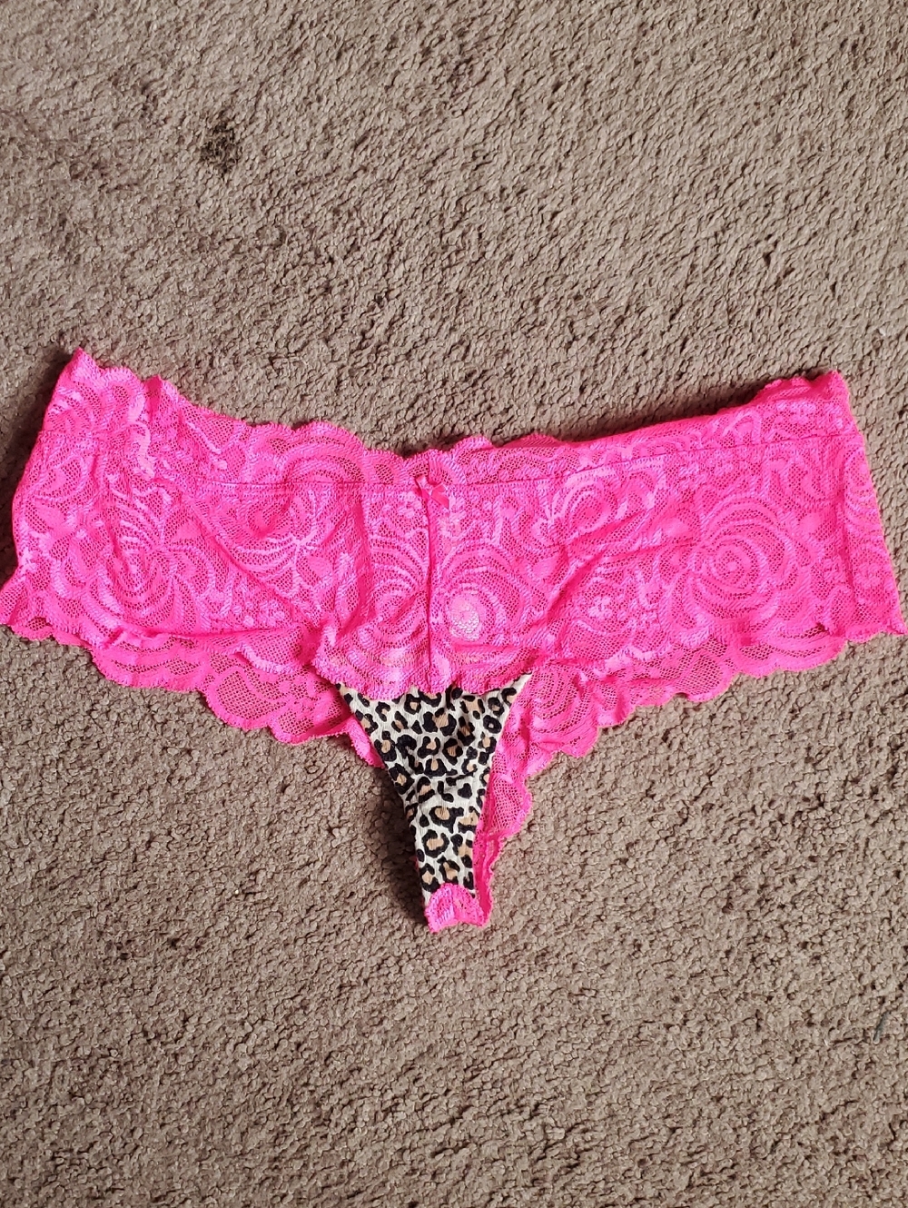 PINK Victoria's Secret Hot Pink Lace Thong with Leopard Print